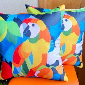 Set/2 Contemporary Jungle Parrots Outdoor Waterproof Patio Pillow Cushion Covers